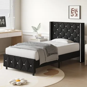 Twin Bed Frames, Upholstered Platform Bed Twin Size with Diamond Tufted Headboard, Modern Velvet Bed Frame with Wingback Design, 5