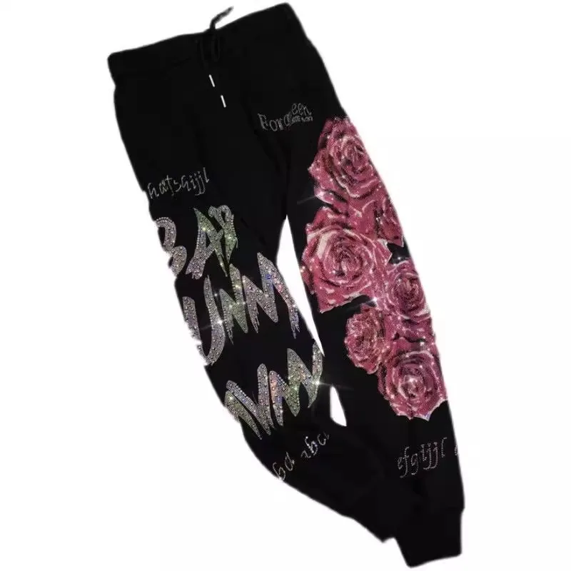 Women Street Hot Drilling Women Sweatpants Fashion New Rose Flowers Sports Pants Elastic Waist Diamonds Trousers