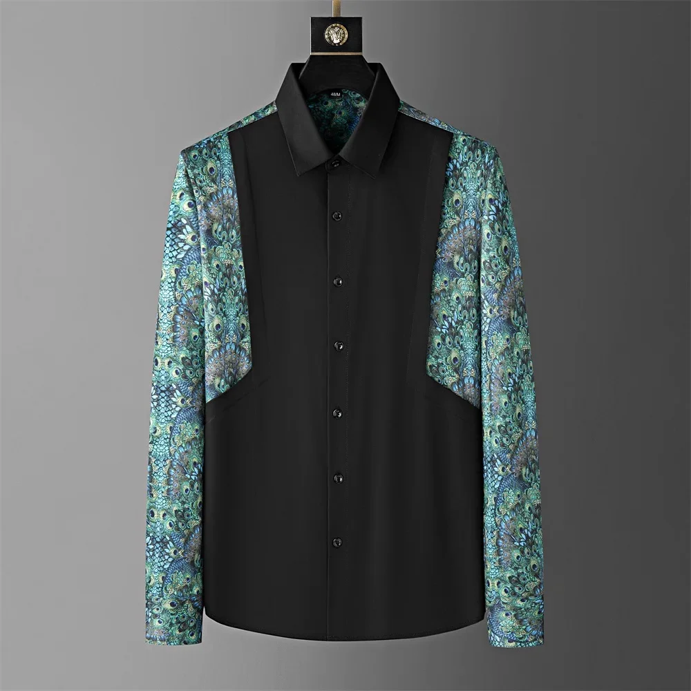 

2023 Autumn Winter Peacock Printed Patchwork Shirt Men High Quality Long Sleeved Casual Business Dress Social Party Blouse