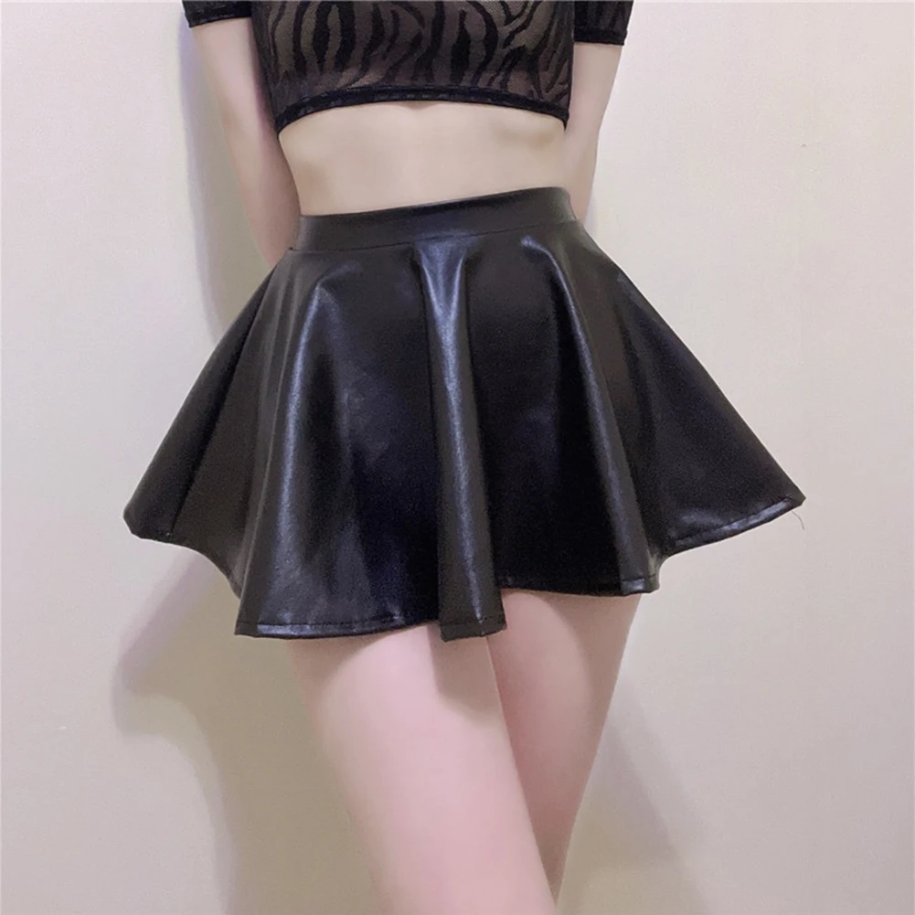 

Ladies Sexy A-line Black Wet Look PU Leather Skater Skirt Sensual Dancewear Short Pleated Miniskirt Female Party Night Clubwear