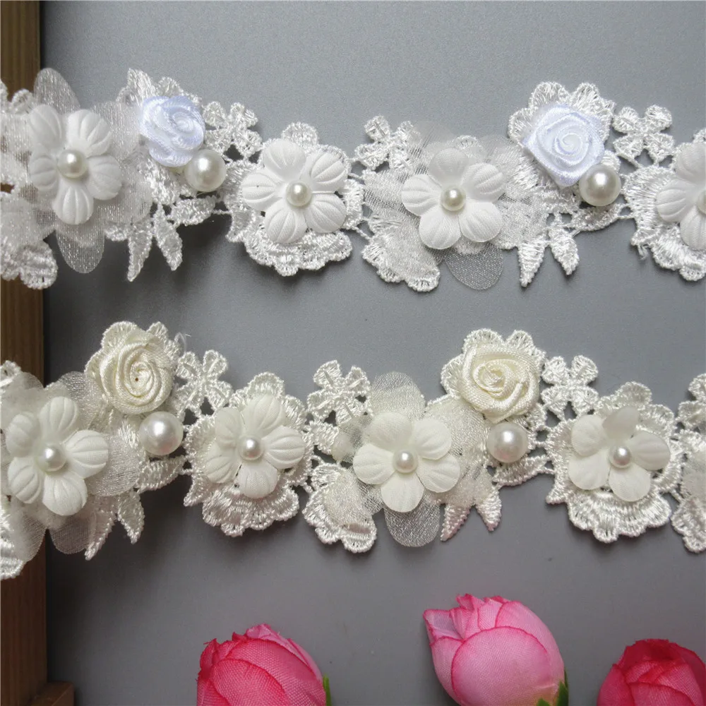 1 yard Multilayer Pearl Rose Flower Embroidered Lace Edge Trim Ribbon Fabric Patchwork Wedding Dress Sewing Craft 4cm Width