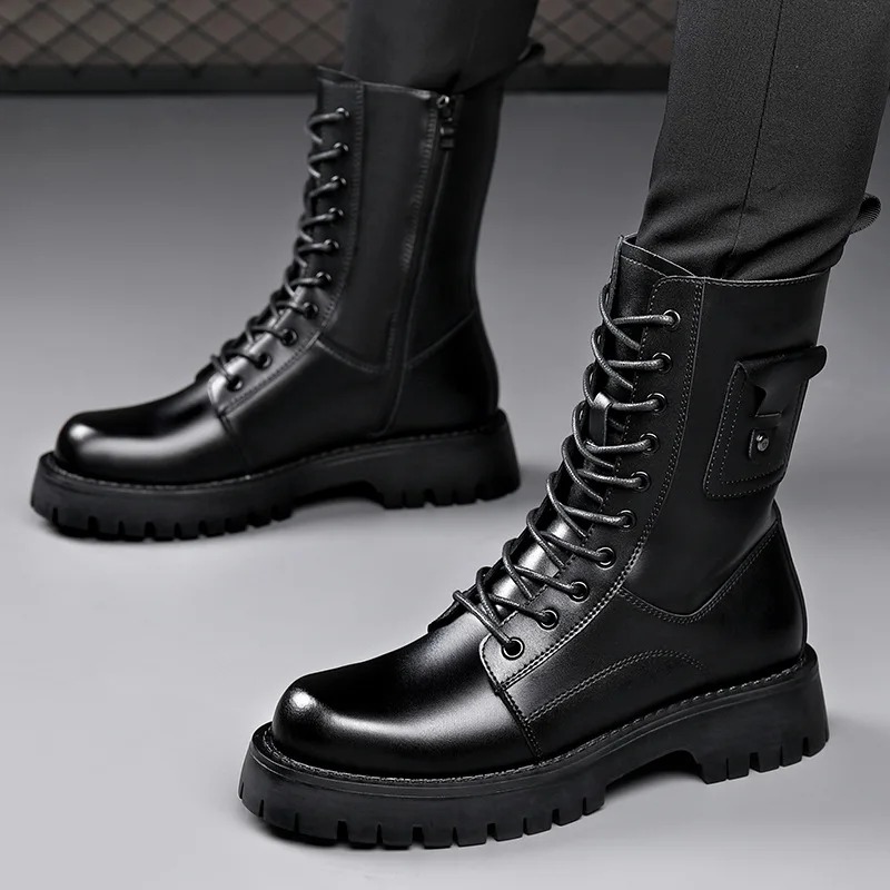 

men's fashion motorcycle boots black stylish genuine leather shoes party nightclub dress high platform boot long knight botas