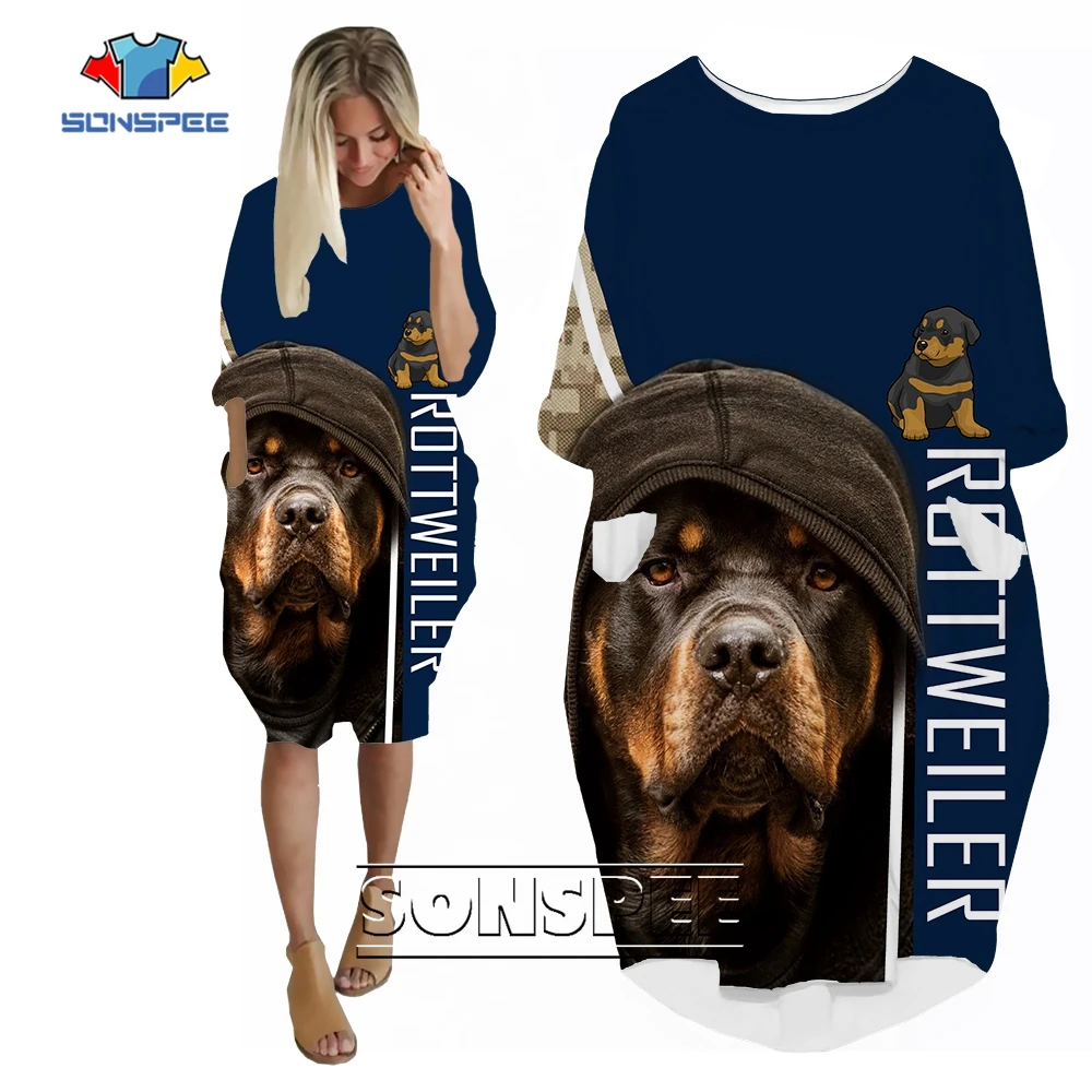 

SONSPEE Newest 3D Print Street Style Animal Dog Rottweiler Long Sleeve Dress Lady Cute Dog Pet Harajuku Women Loose Streetwear