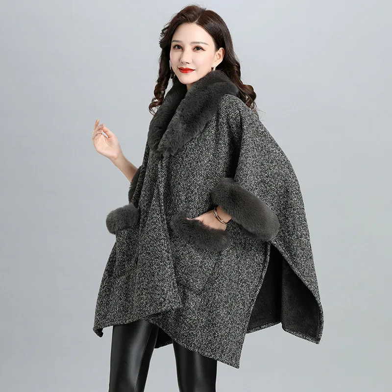 6 Colors Winter Warm Poncho Cloak Turn-down Faux Rabbit Fur Neck Loose Overcoat  Batwing Sleeves Oversize Jacket With Pocket