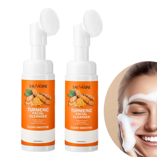 Turmeric Cleanser Moisturize Facial Brightening Skin Tone Daily Face Wash Foam with Brush Skin Care Clean Lemon Fruit Extract 1