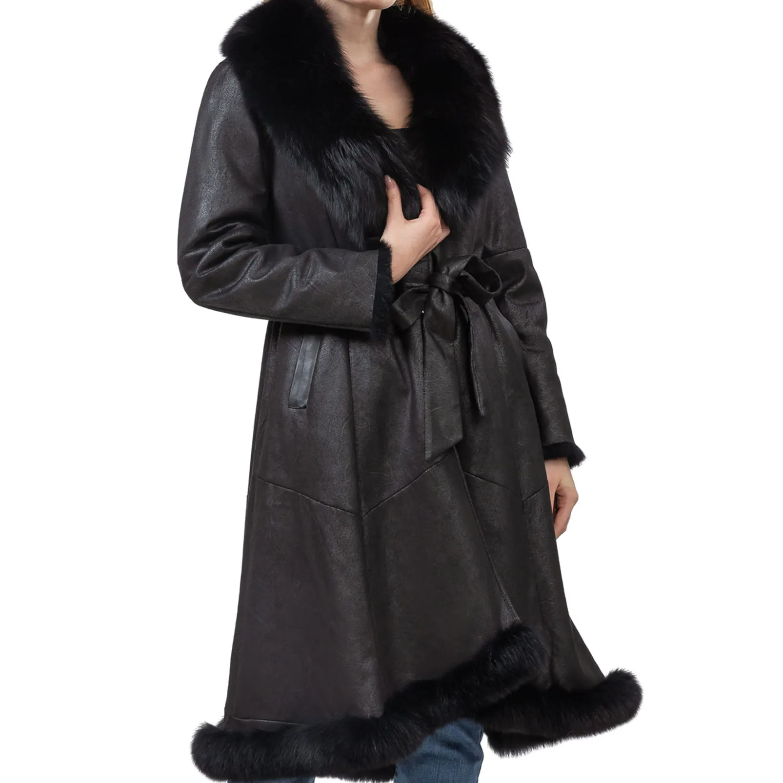 Natural Rabbit Fur Leather One Fur Coat With Fox Fur Collar Bottom With Belt 2023 winter warm slim overcoats For Women