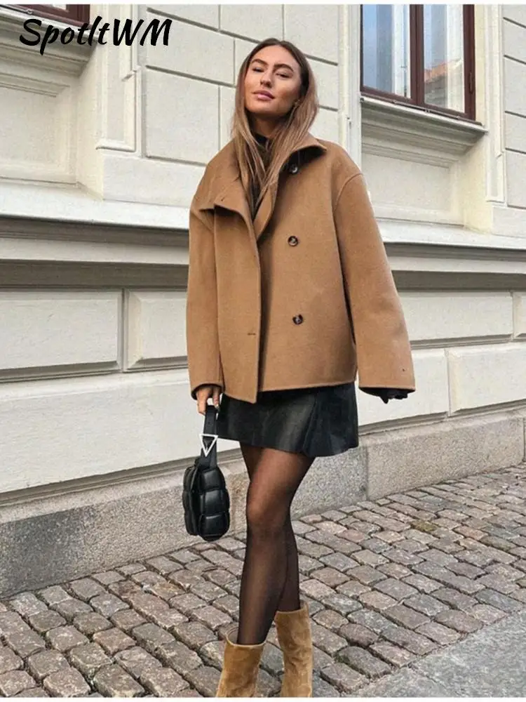 

Women Stand Collar Woolen Warm Jacket Autumn Fashion Long Sleeve Single Breasted Coat Winter Thick Chic Solid Streetwear Jackets