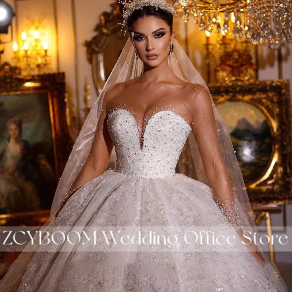 Exquisites Ballkleid mit Funkelnder Perlenverzierung und Transparentem Ausschnitt Hochzeitskleider 2026 Prinzessinnen-Illusion Langarm-Brautkleider Vestidos De Noiva – Detail 6