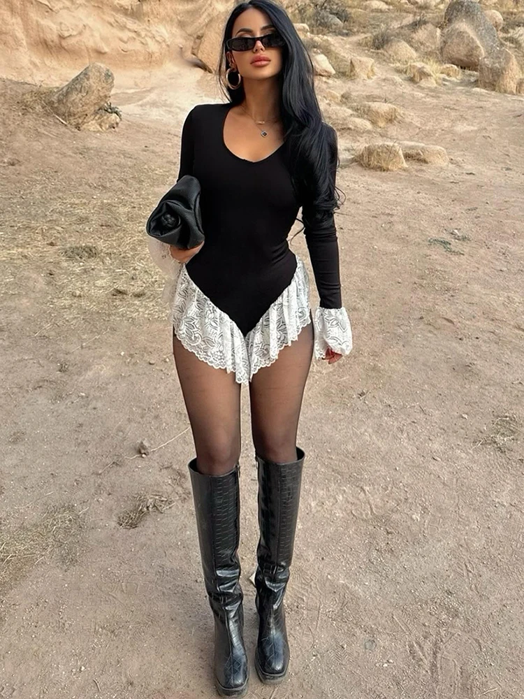 NIBBER Tierred Patchwork lace bodysuits women Flare Sleeve stretch skinny sexy fashion midnight sweet Music festival streetwear