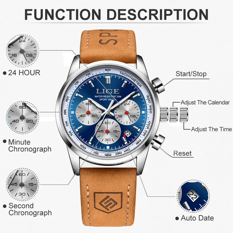 Men's Luxury Quartz Chronograph Leather Watch - Elegant & Waterproof Sport Design by LIGE
