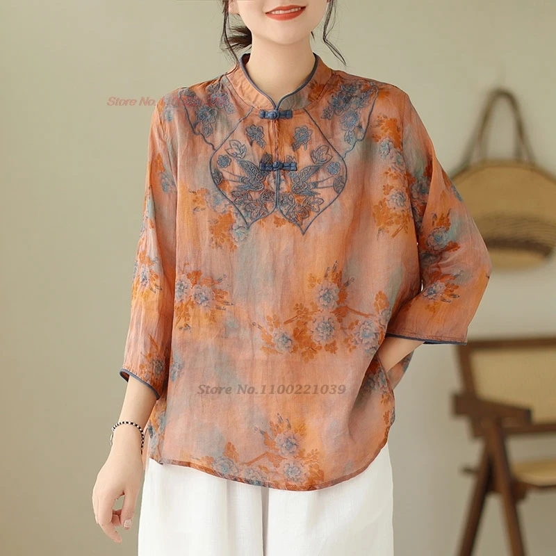 

2024 traditional chinese vintage hanfu tops national flower print embroidered folk blouse oriental stand collar qipao blouse