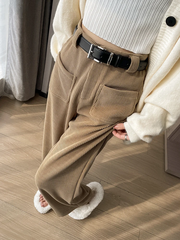 QOERLIN Standard & Fleece High Waist Wide Leg Straight Pants Women 2024 New Fall Winter Warm Trousers with Belt Pocket Pants