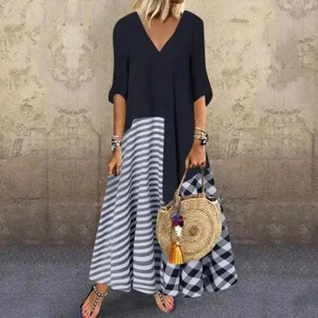 Women's S-5XL size Classic striped shirt dress casual and elegant V-neck short sleeved plain printed dress long casual dress 1