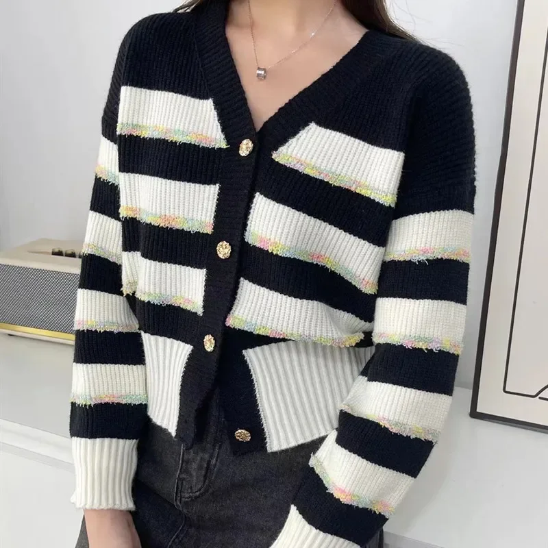 

Korean-Style Short Design Niche Sweater Women Cardigan Sweet Style Pink Striped V-neck Knitted Cardigan Coat Women's