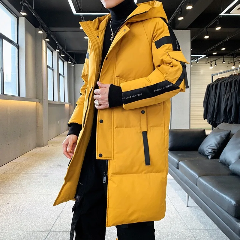 Down Coat Winter Men Korean Style White Duck Down Hooded Jacket Mid-long Stylish Outerwear Thick Warm Male Clothes