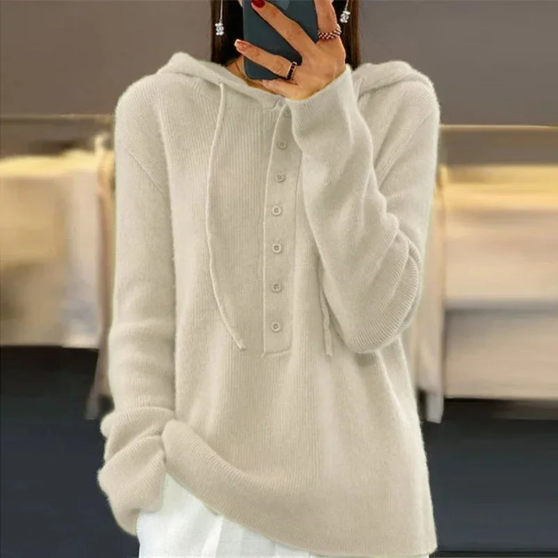Suéter con capucha para mujer, jersey de manga larga con botones, de lana, suave, de punto, para otoño e invierno