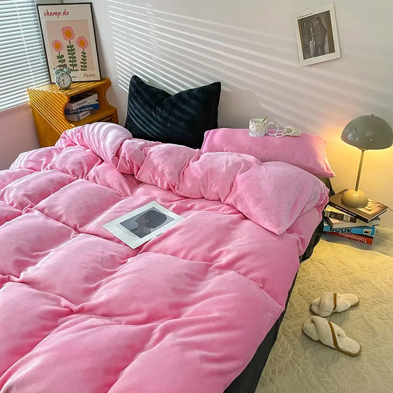 

Warm Winter Milk Velvet Duvet Cover Solid Color Pink Bed Cover King Size Without Pillowcase Bed Quilts Comforter Cover Double