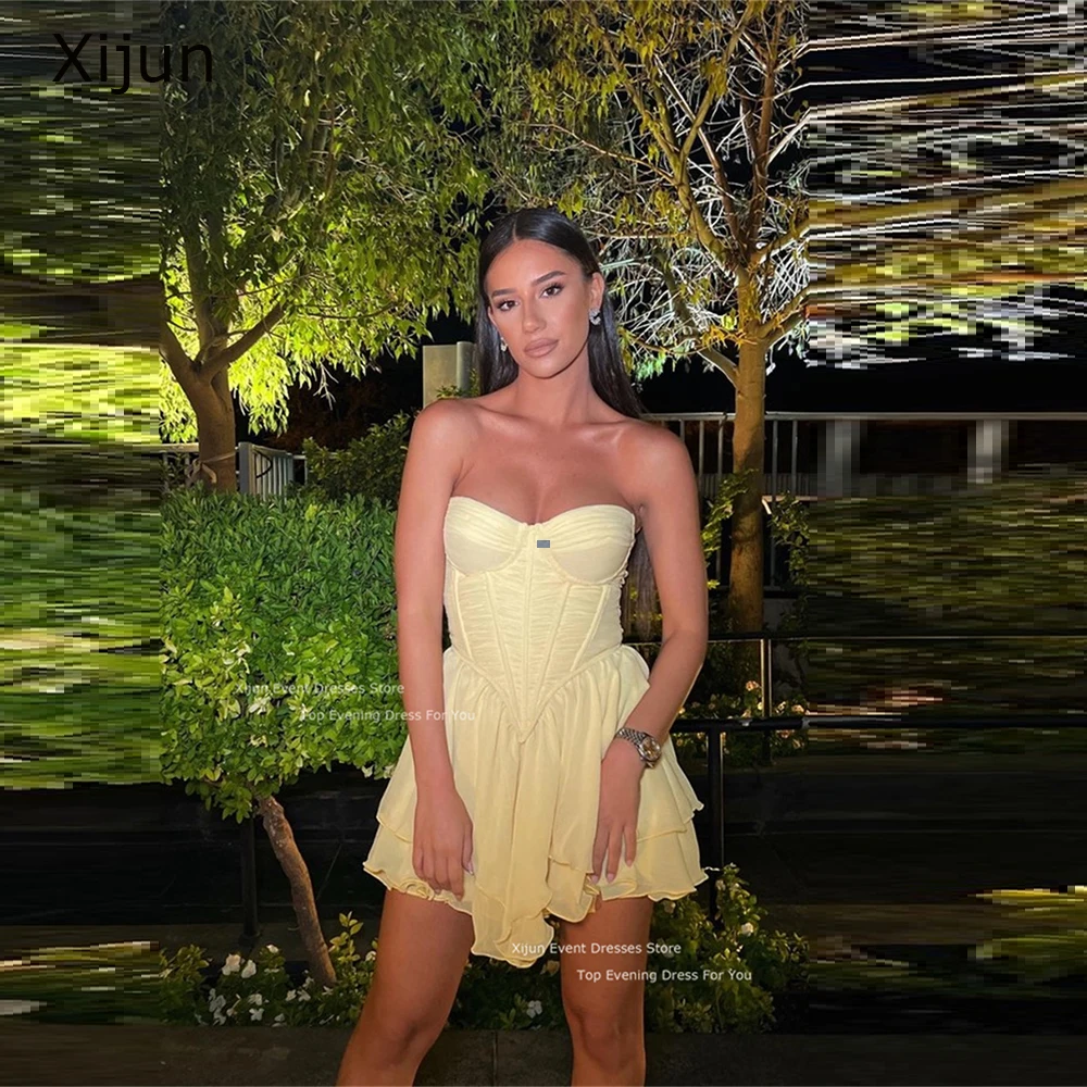 

Xijun Sexy Sweetheart Yellow Silk Chiffon Short Prom Party Dresses Mini Corset Summer Beach Cocktail Dress Arabic Formal Gowns