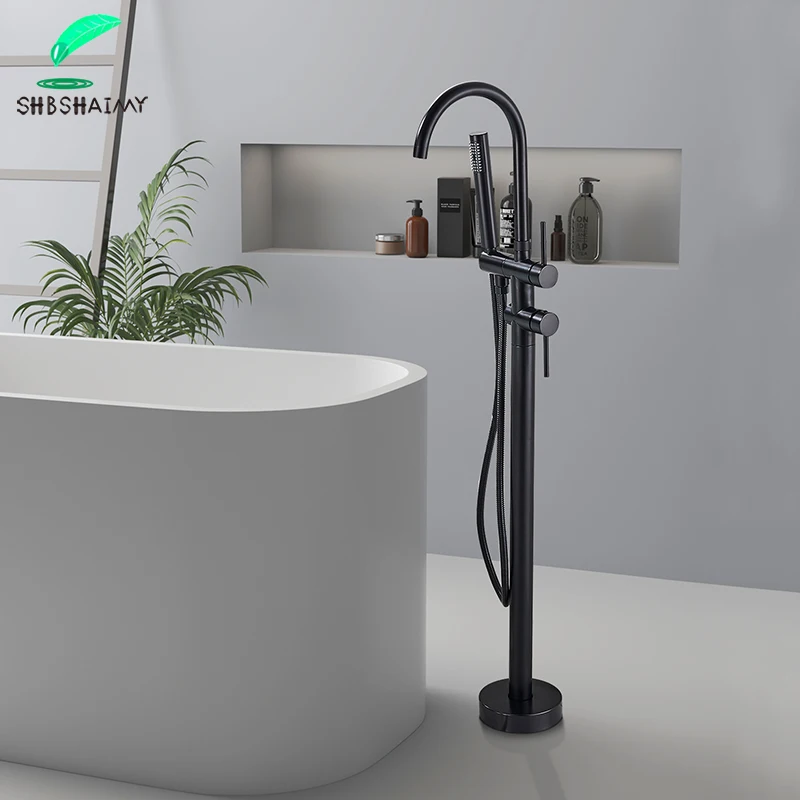 SHBSHAIMY Matte Black Bathtub Floor Stand Faucet Mixer Single Handle Tap Two Function 360 Rotation Spout With ABS Handshower bathtub faucet