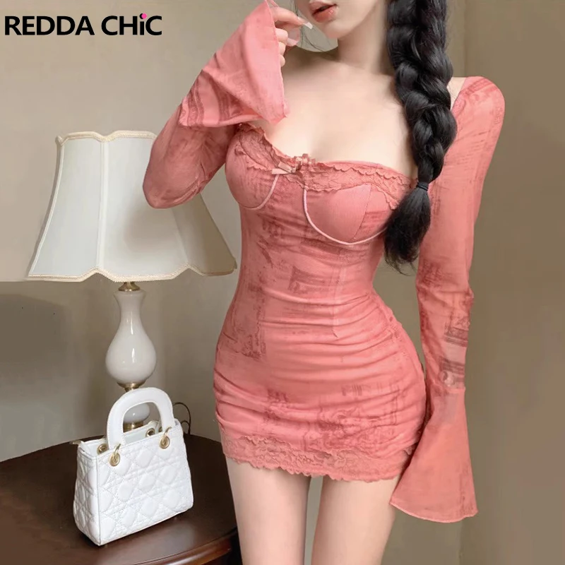 

ReddaChic Summer Women Lace Stitch Desire One-piece Aesthetic Print Long Sleeves Sexy Bodycon Mini Dress Korean Vintage Clothes