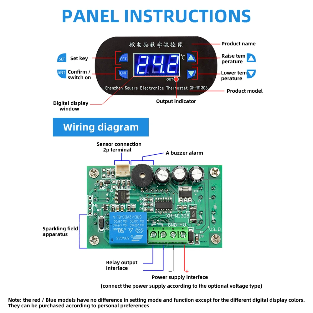 Universal Digital Temperature Controller with Heating and Cooling Control, 10A Switch & NTC Sensor Probe