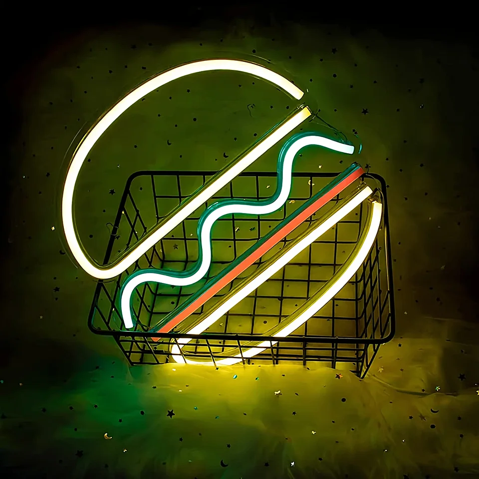 Lampe Néon LED Hamburger - Enseigne Lumineuse USB Pour Décoration Murale - Idéal Boutique, Restaurant, Bar Et Maison