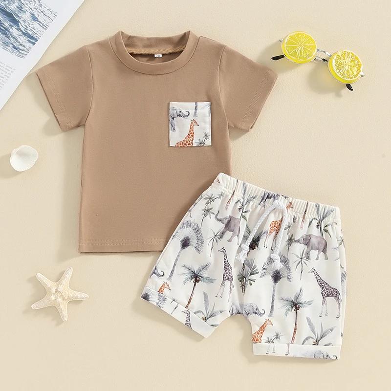 -01-12 Lioraitiin Toddler Boys Summer Outfits Animal Print Short Sleeve T-Shirt and Elastic Shorts Vacation Clothes Set