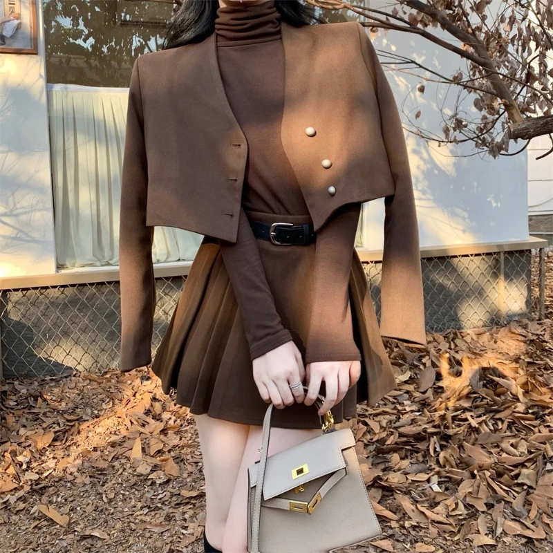 

Women Suit Small Fragrance Long Sleeve Jacket Button Blazer Pleated Skirt Temperament Two-piece Sets Women Clothing with Belt