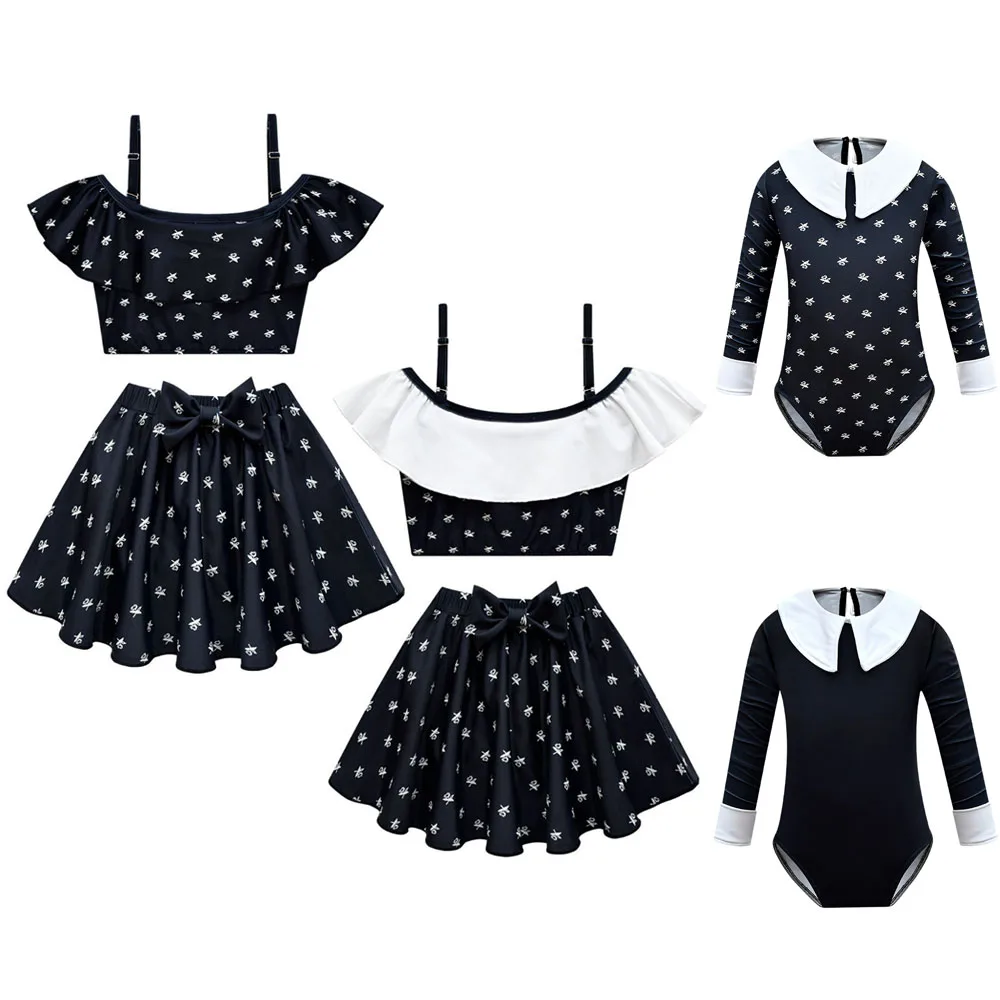 

Movie Wednesday Cosplay Swimsuit Kids Vintage Cute Black Floral Swimsuit Girls Addams Role Play Costume Halloween Carnival Party