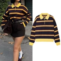 Autumn Winter Polo Collar Long Sleeve Striped Knitted Pullover Tops Women Buttons Decoration Sweater Female Casual Fashion Wear