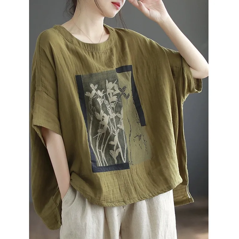 

2023 New Arrival Summer Arts Style Women Loose Casual Short Sleeve O-neck Tops Tees Vintage Print Cotton Linen T Shirt V529