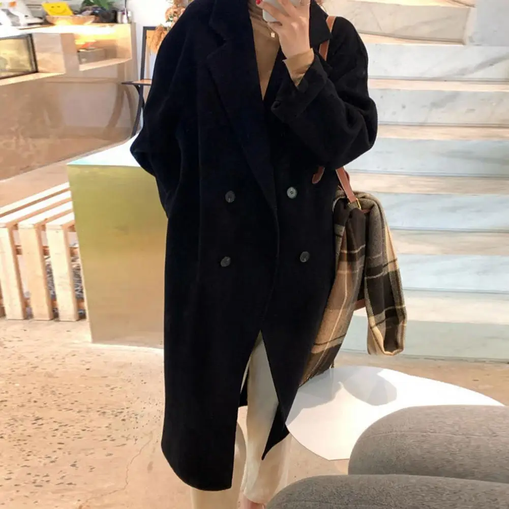 

Women Winter Woolen Coat Thickened Double-breasted Long Style Solid Color Long Sleeve Loose Lapel Notch Collar Pockets Trench Co
