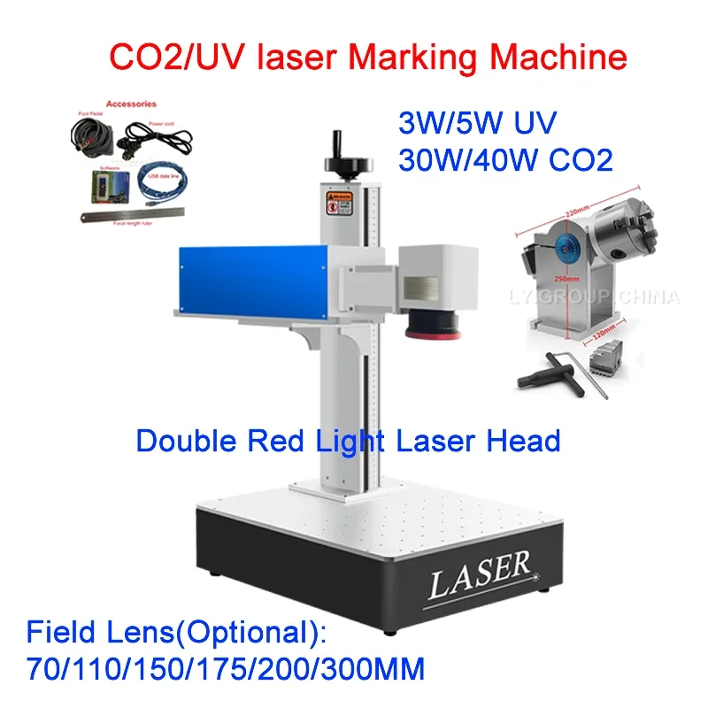 

3W 5W UV Laser Marking Machine CO2 30W 40W Wood Engraving Machine with Rotary Axis for Glass Wood PVC Stainless Steel All Materi