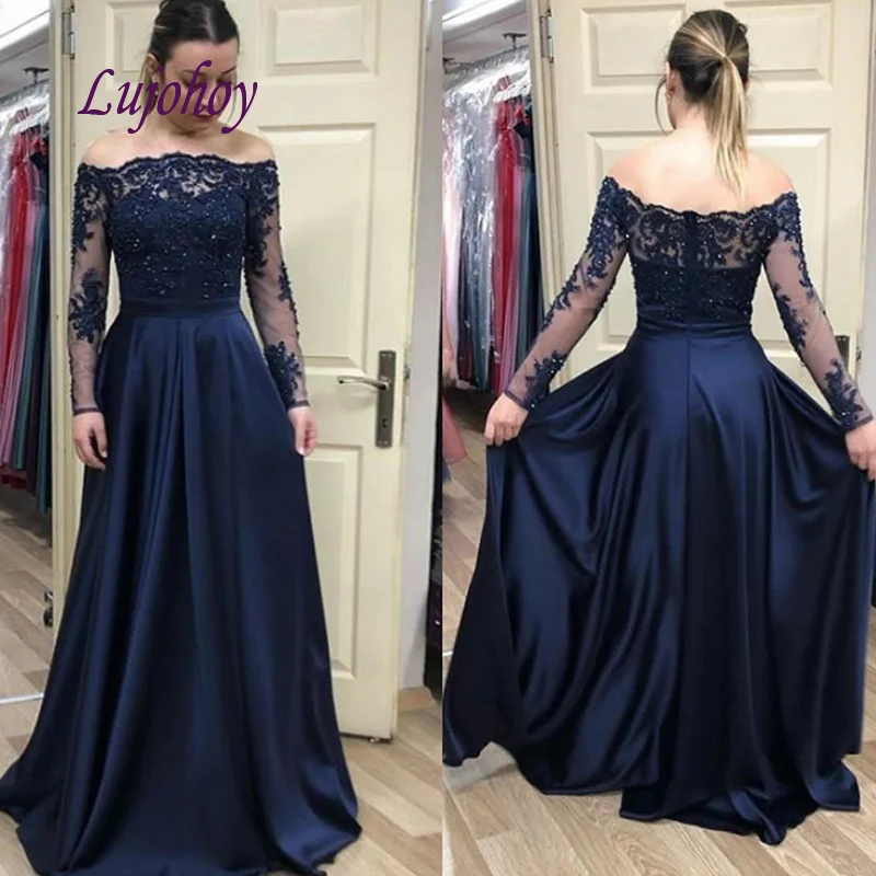 

Navy Blue Long Sleeve Lace Mother of the Bride Dresses Plus Size for Weddings Satin Godmother Groom Dinner Dresses Gowns