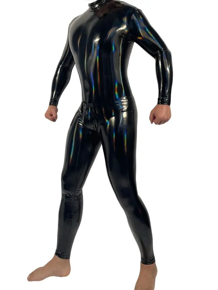 Mens Laser Colorful Wet Look Catsuit Shiny PU Leather Bodysuit Tights Cosplay Leotard Conjoined Unitard Jumpsuit Shapers M-4XL