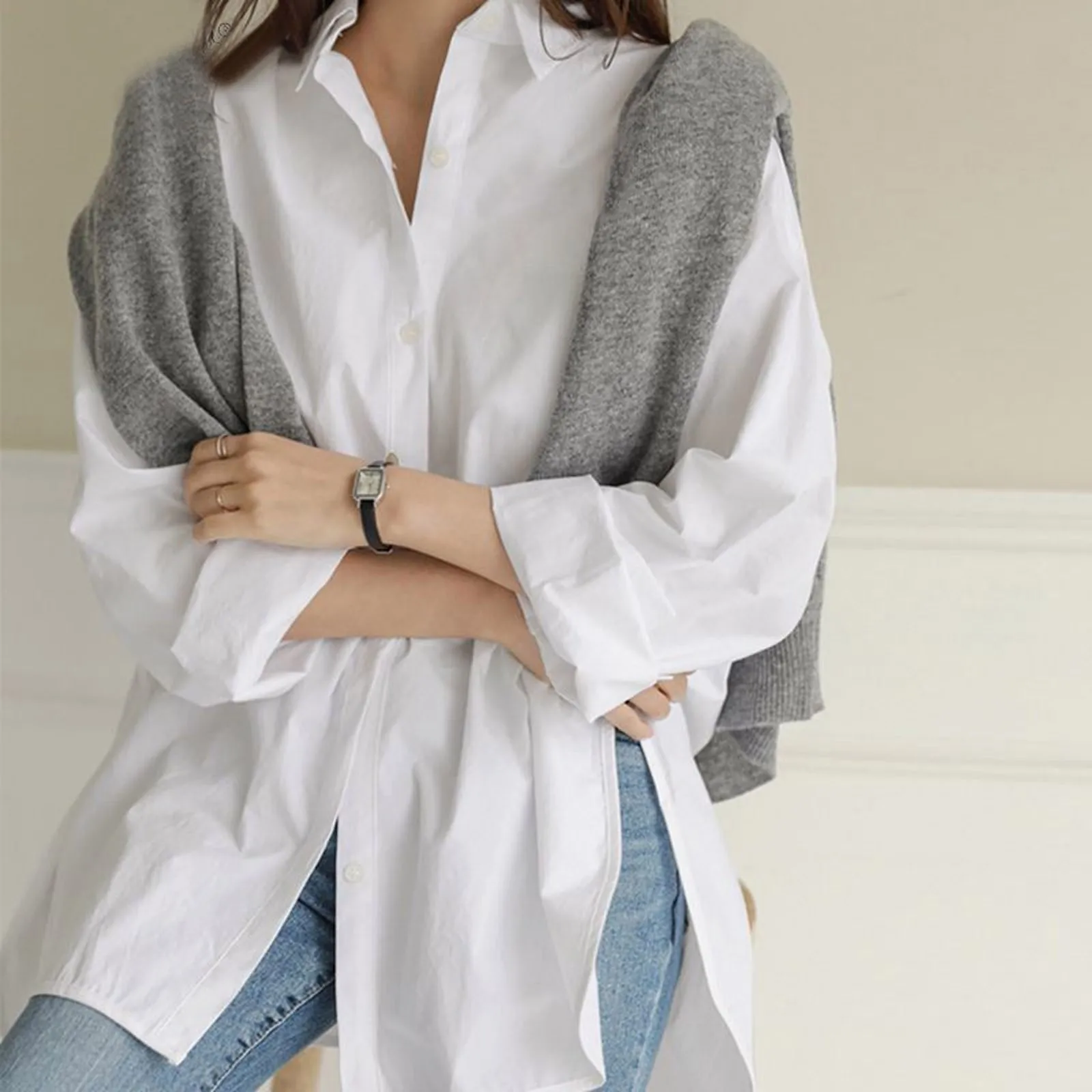 

Women White Shirts Casual Solid Color Loose Long Sleeve Shirts Fashion Turn-Down Collar Button Tops And Blouses