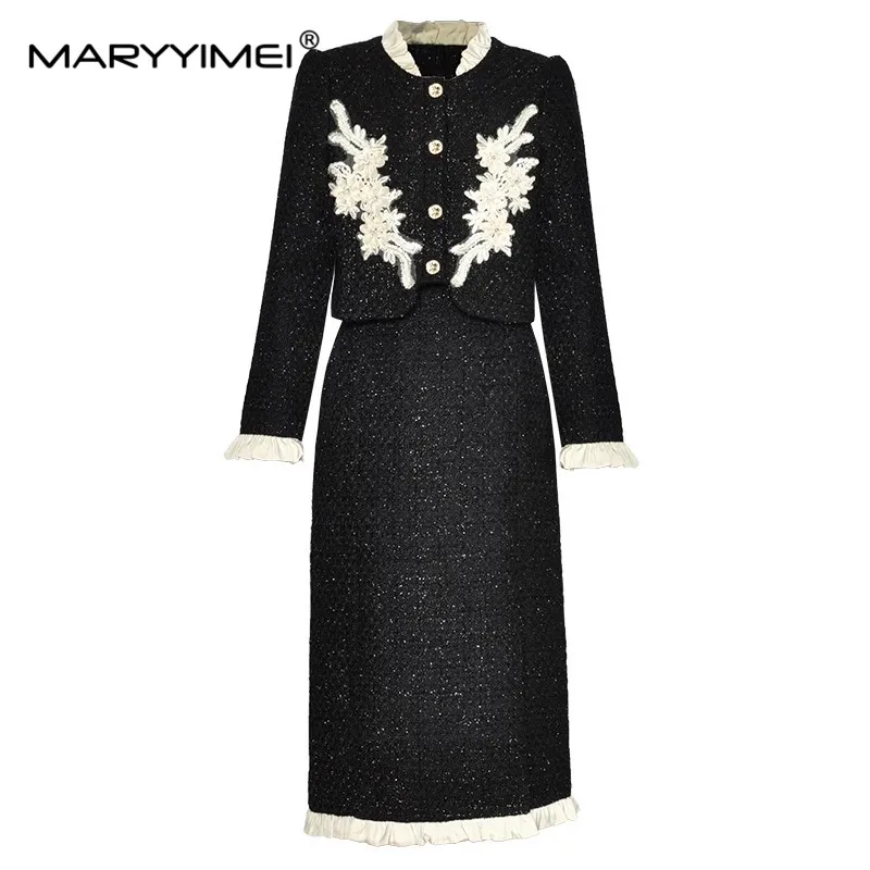 

MARYYIMEI Women's Tweed Suit Long sleeved Applique Beading Embroidered short Coat+Split skirt Thickened warm Black Two-Piece Set