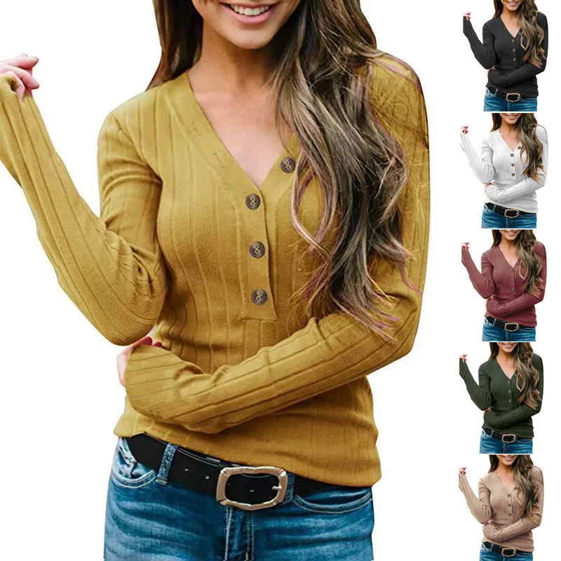 

2022 Autumn And Winter New Women's V-neck Button Solid Long Sleeve Knitted Sweater T-Shirt Female