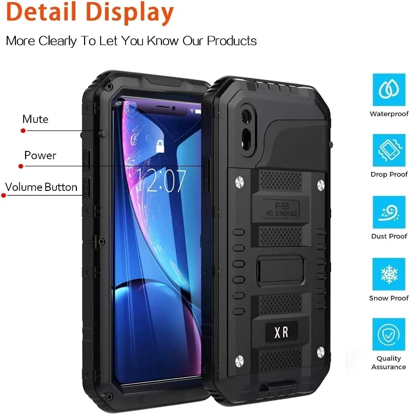 Heavy Duty Military Waterproof Metal Case for iPhone 14 13 12 11 Pro Max XS X XR 8 7 6s Plus Shockproof Dustproof Rugged Cover
