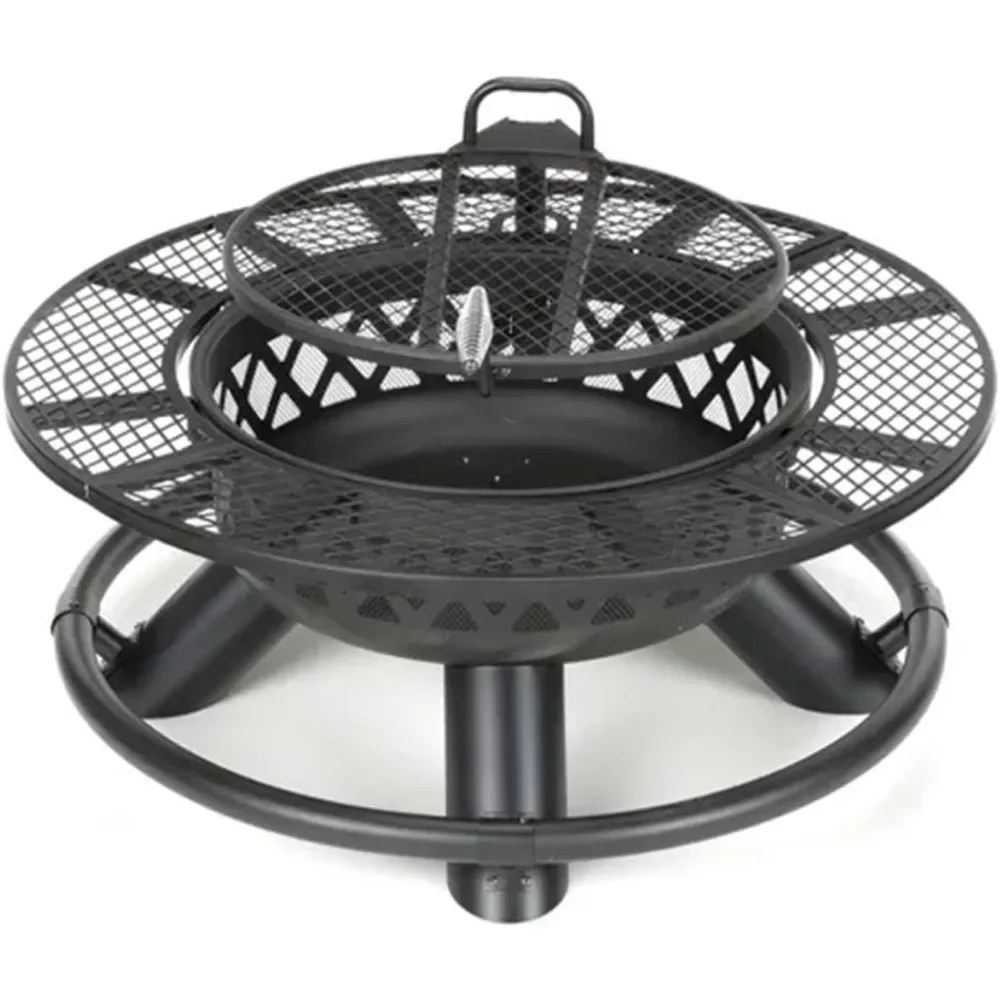 Description Picture 5 of item47" Steel Ranch Wood Burning Fire Pit Round Outdoor Fireplace with Adjustable Grill Top, Safety Ring, and Cooking Grate, Black