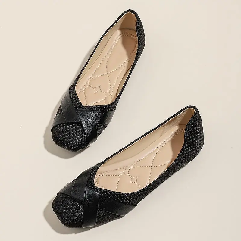 2024 Four Seasons New Soft Sole Soft Leather Splicing Square Head Breathable Elegant Ladies Shallow Mouth Casual Flat Shoes