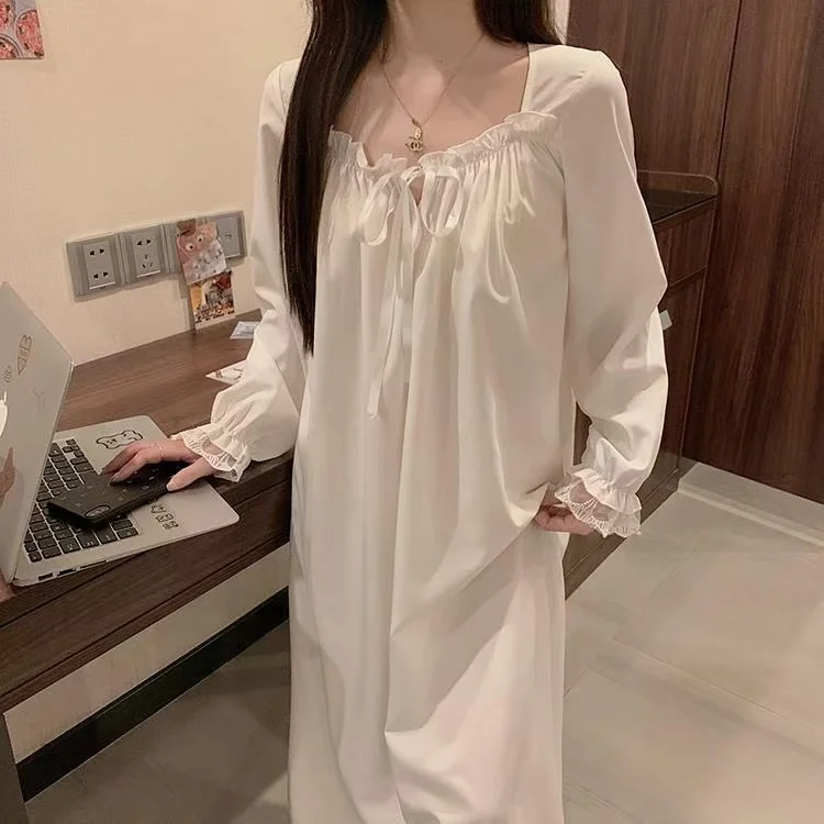 Women Nightgowns Long Sleeve Night Dress Large Size Loose White Sleep Shirts Pajamas