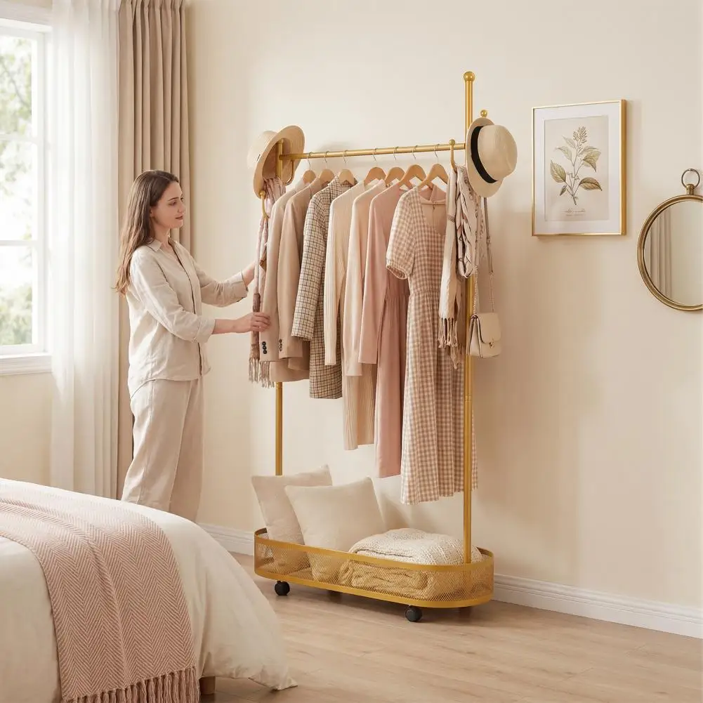 Freestanding Metal Clothing Rack with Lockable Wheels, Mesh Storage Basket, Rolling Clothes Rack, Hooks, Movable Coat Rack