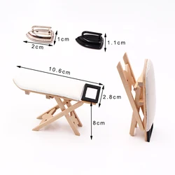 Dollhouse Vintage Miniature Wooden Ironing Board Mini Metal Black Flat Iron Furniture Model Sewing Life Scene Simulation Ornamen
