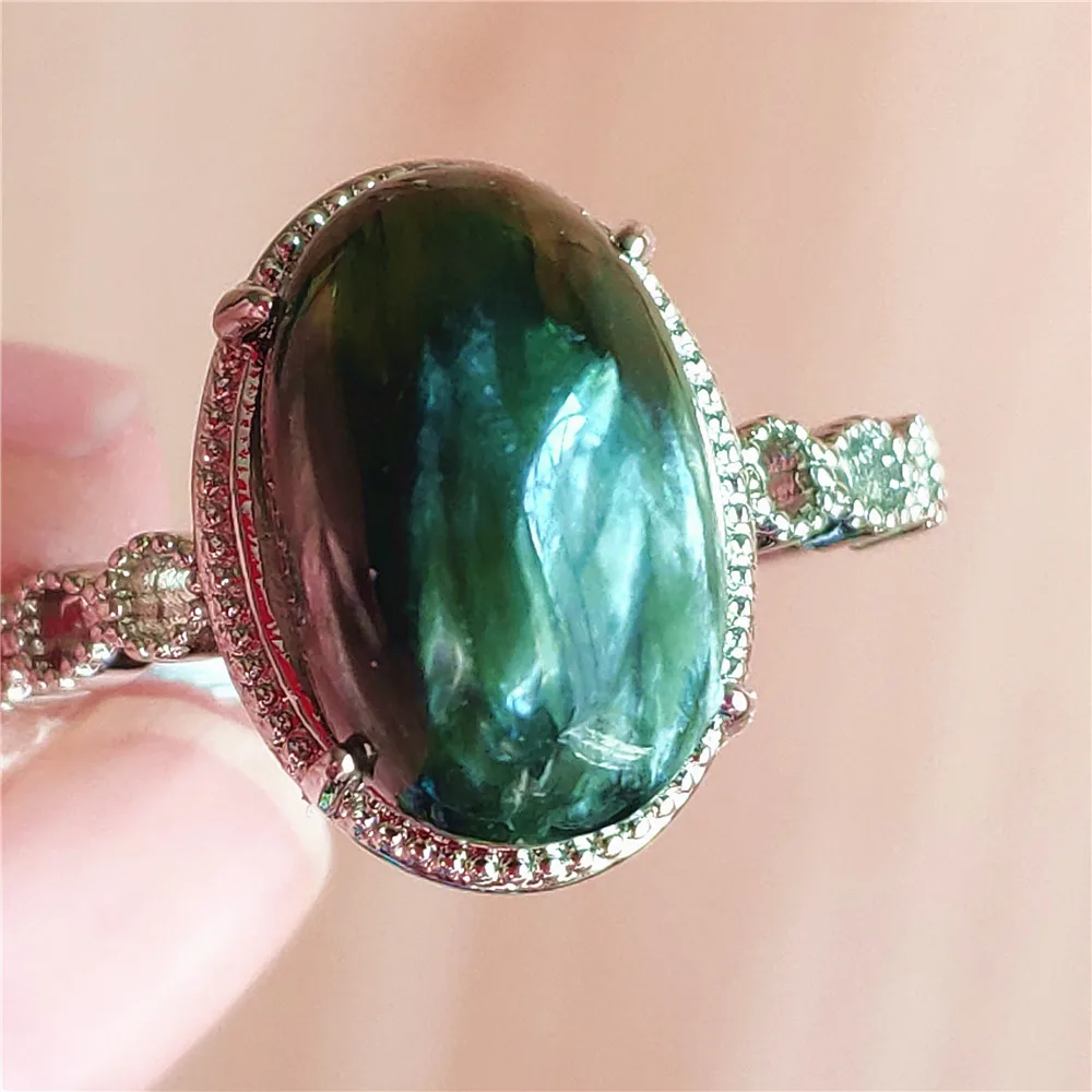 silver rings Natural Green Seraphinite Adjustable Size Ring Women Men Seraphinite Ring Clinochlore Oval Gemstone 925 Sterling Silver AAAAAA gucci ring