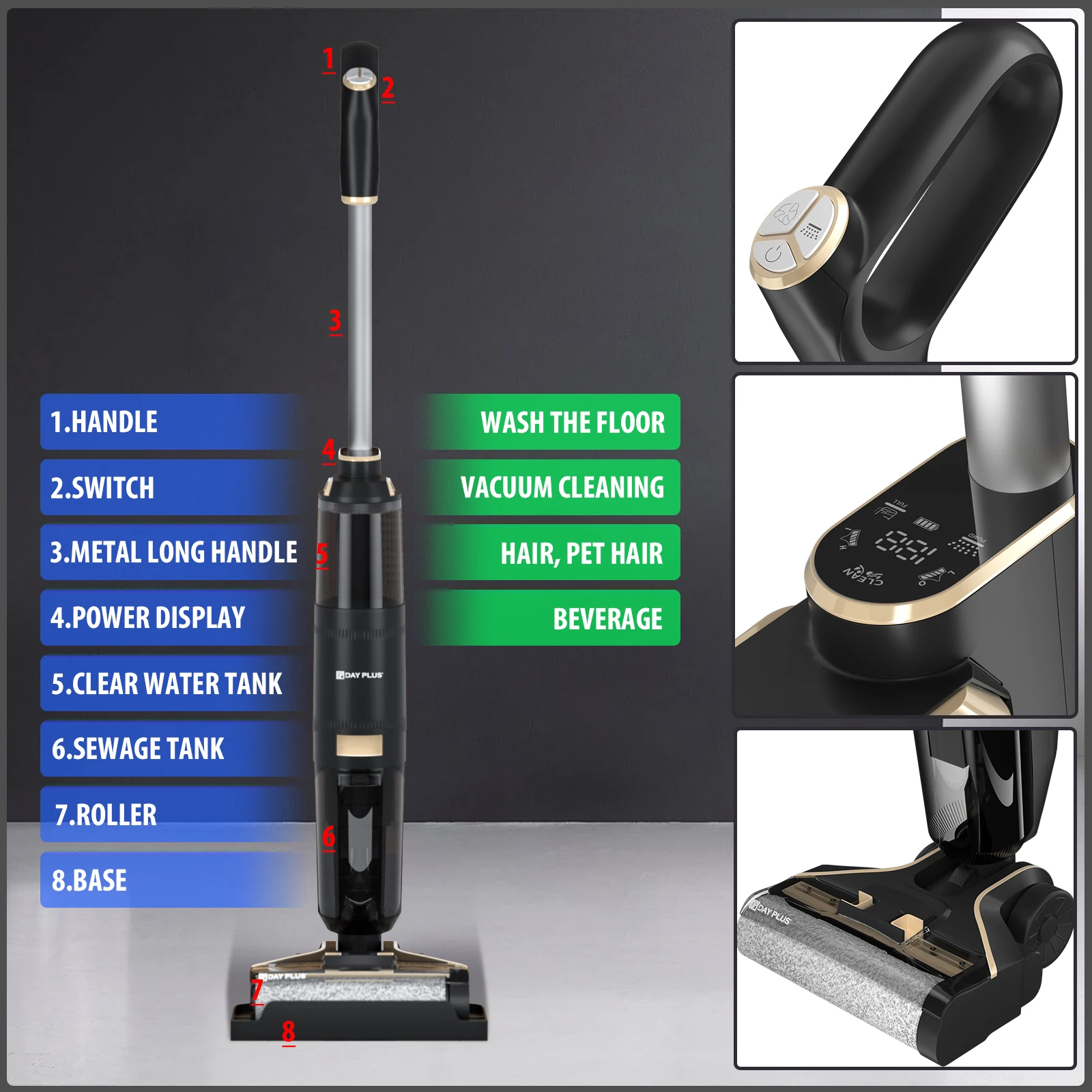 DayPlus Cordless Wet and Dry Vacuum Cleaner and Mop for Hard Floors, 3 in 1 Brushless Vacuum Cleaner With Self-Cleaning Function 4