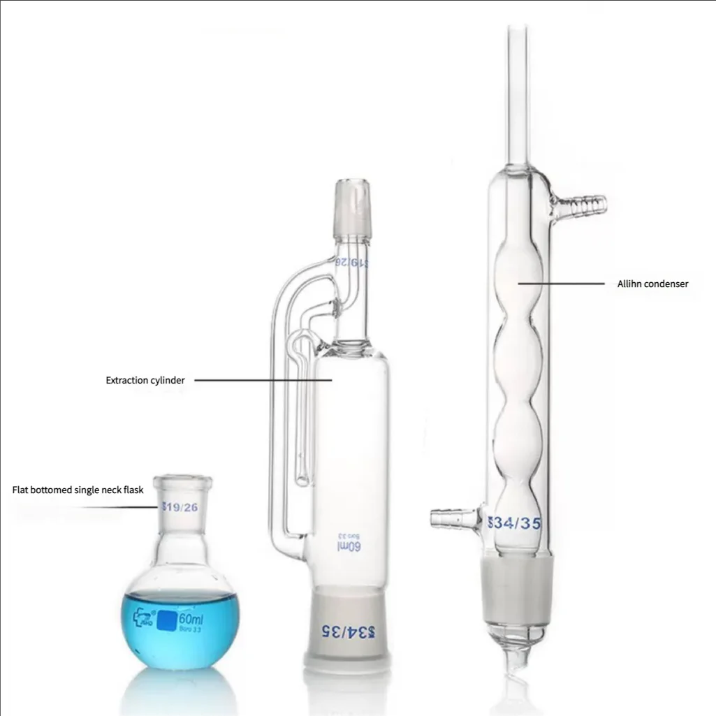 Lab Glass Supplies 60/150ml/250ml/500ml/1000ml/2000ml Lab Glass Soxhlet Extractor condenser and extractor body with coiled/bulbed Lab Glassware Kit