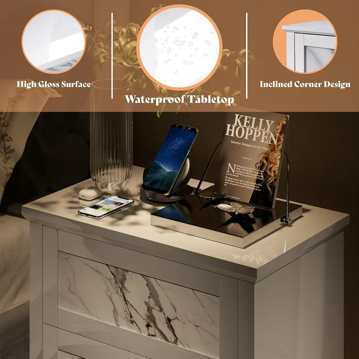 Luxury Natural Marble Nightstand Set of 2 with Drawers, High Gloss Side Tables in Living Room, Storage End Table