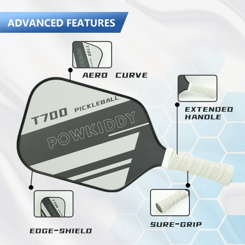 Carbon Fiber Pickleball Paddle T700 Surface Provides Maximum Ball Spin Elongated or Widened Pickleball Racket Shapes Available