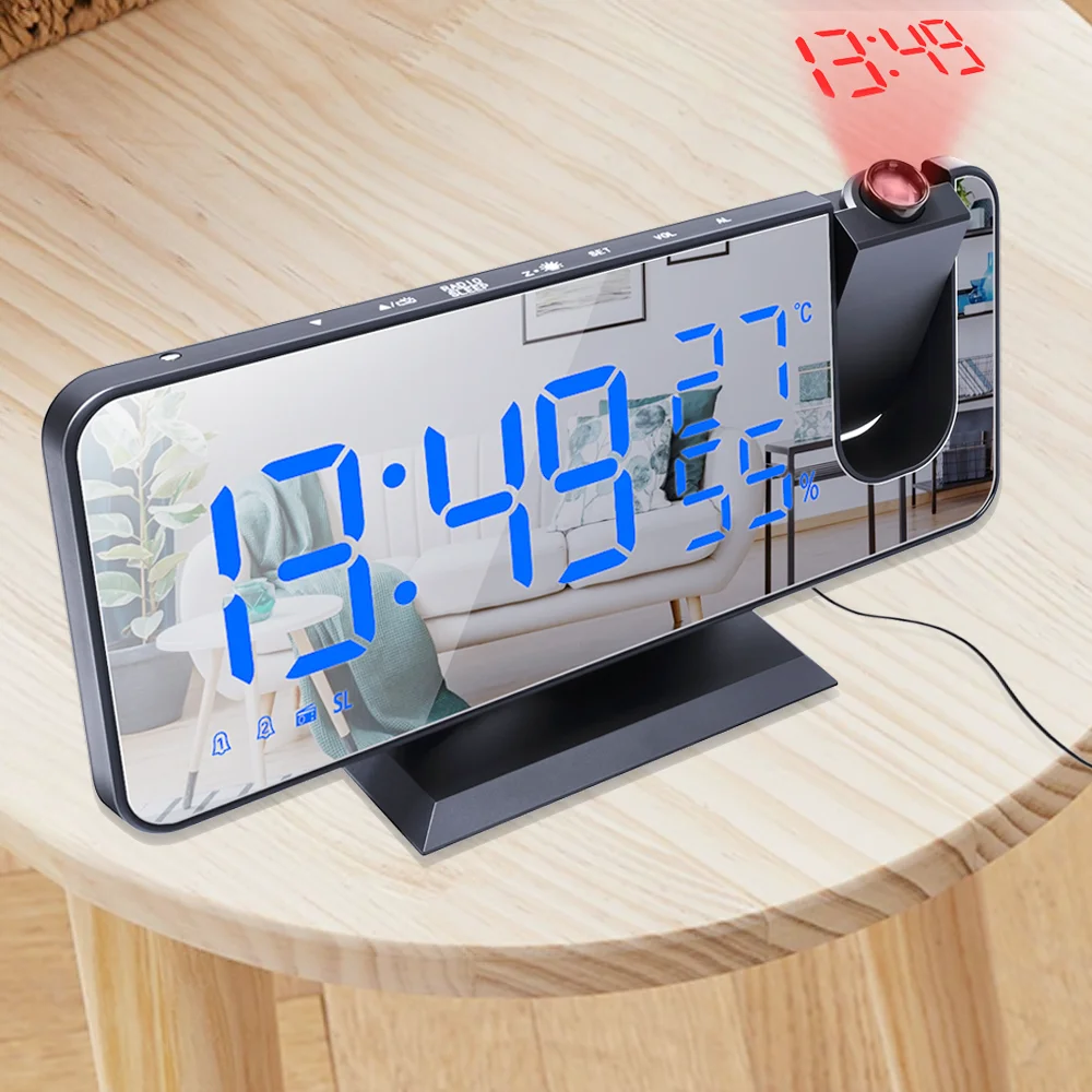 

LED Digital Alarm Clock Electronic Projection Clock With FM Radio Snooze Weather Station Calendar Thermometer Projector Function